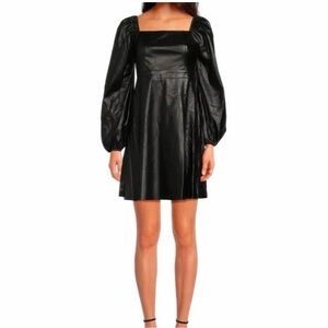 Area Stars Faux Leather Mini Dress Black Long Puff Sleeves Lace Up Square Neck M